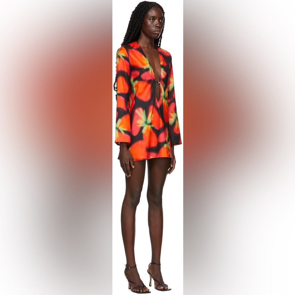 Louisa Ballou Long Sleeve V-Neck Dress in Red, Black & Green Floral Print - Picture 11 of 13